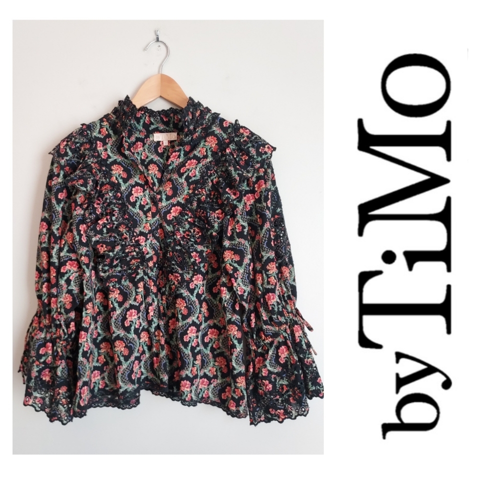 ByTiMo Black Floral Boho Ruffle Blouse Size Small Eyelet Embroidery Cotton Slub
